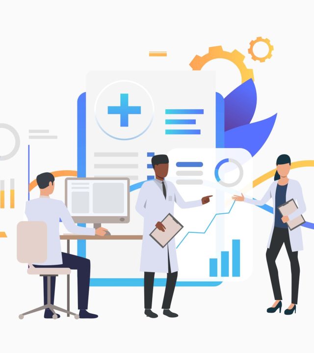Medics working over charts vector illustration. Medical research, medical development, modern clinic. Healthcare concept. Creative design for layouts, web pages, banners
